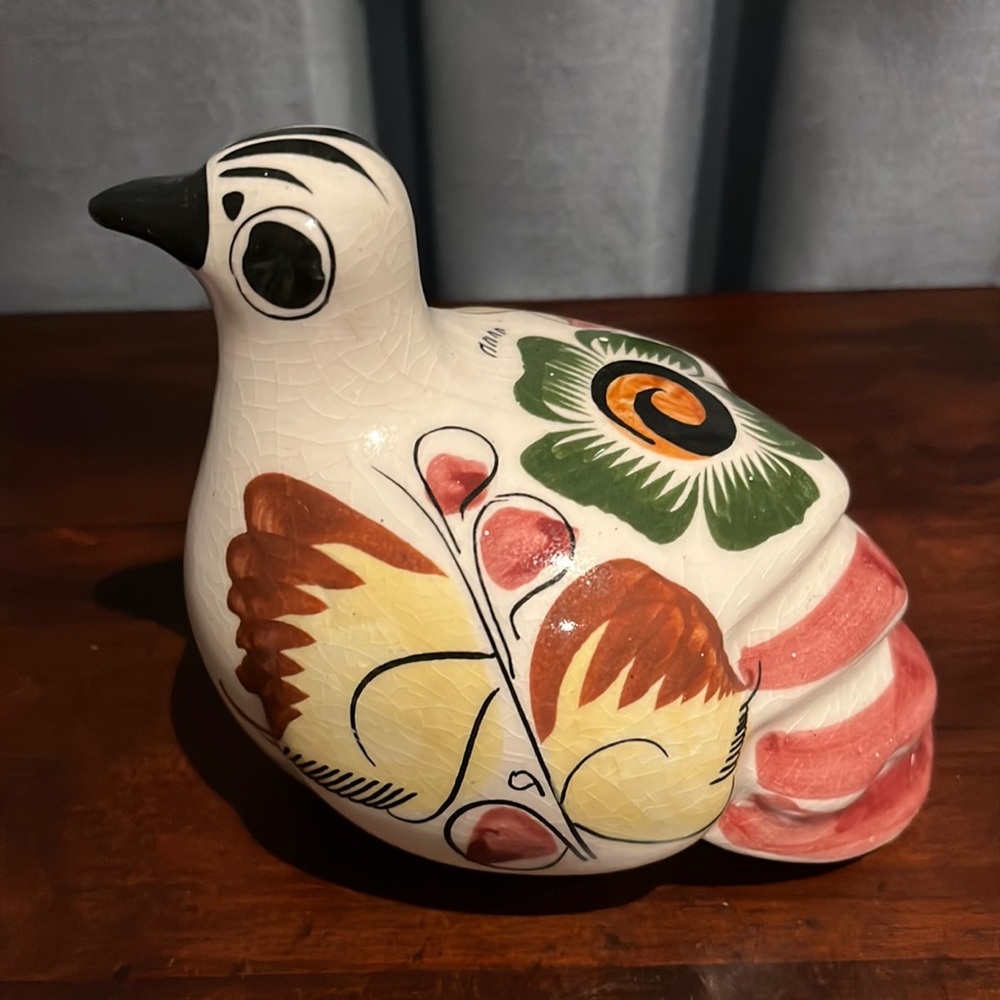 Tonala Colorful Hand-painted Mexican Ceramic Bird Figurine, Artist Signed